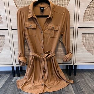 Source Unknown Tan Long Sleeve Tie Front Dress